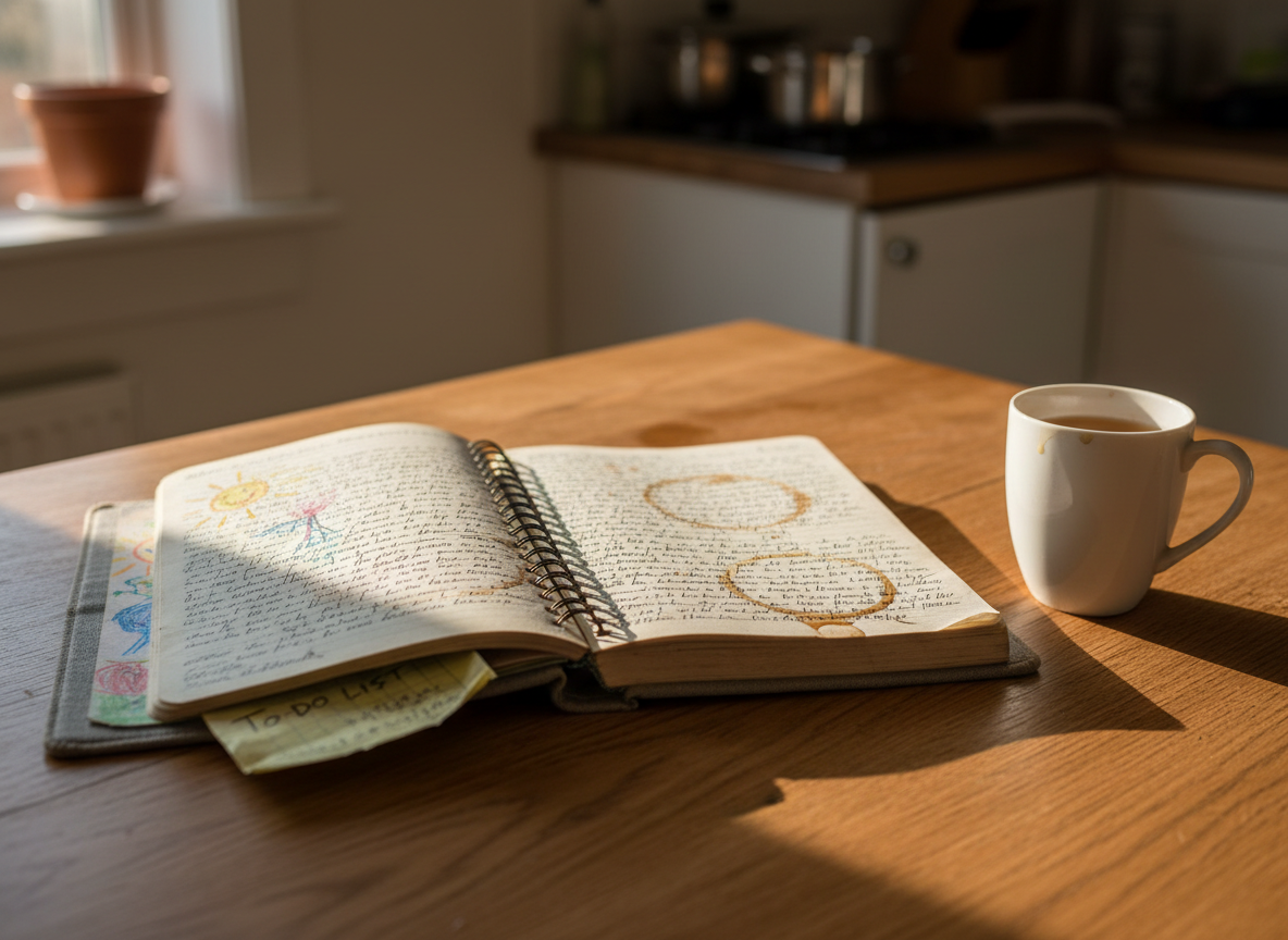 A well-worn, spiral-bound journal with a soft, dove-gray linen cover lies open on a sturdy oak kitchen table, its pages filled with dense, slightly messy handwriting and a few coffee stains. A chipped ceramic mug with cooling tea sits beside it, a faint ring left on the wood. Crayon-sketched drawings and a crumpled to-do list peek from beneath the journal. Soft morning light filters through an unseen window, casting gentle, honest shadows and highlighting the texture of the paper and wood grain. Photographic realism, shot at eye level with a shallow depth of field, keeps the journal in crisp focus while the background falls into a warm, lived-in blur, creating an intimate, candid atmosphere that feels both professional and deeply personal.