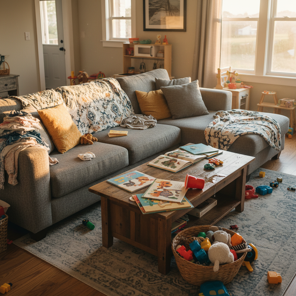 A cozy living room scene shows a plush, slightly rumpled gray sofa covered in mismatched throw blankets and cushions, with a low wooden coffee table in front, cluttered with open picture books, an overturned sippy cup, and a small basket overflowing with unsorted toys. A folded laundry pile leans precariously on one corner of the sofa. Warm, golden hour sunlight streams through unseen windows, creating long, honest shadows and a soft glow that wraps the clutter in a strangely comforting warmth. Photographic realism from a wide, eye-level composition captures the full room, maintaining sharp focus throughout to emphasize every imperfect detail, blending domestic chaos with a grounded, authentic atmosphere that speaks to the good, the bad, and the ugly of everyday motherhood.