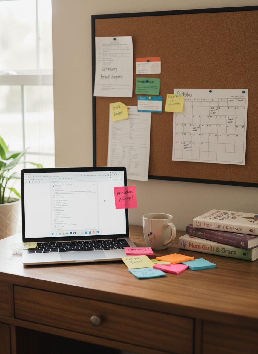A neatly organized yet clearly used home office corner features a sturdy wooden desk with a sleek laptop open to a blank document, surrounded by scattered sticky notes, a half-empty mug, and a small stack of parenting books with bent spines. A corkboard above the desk holds pinned grocery lists, appointment cards, and a calendar crowded with handwritten reminders. Soft, diffused afternoon light from a nearby window illuminates the scene, creating natural highlights on the laptop’s keyboard and gentle shadows behind the books. Photographic realism with a slightly elevated angle and moderate depth of field captures the balance between chaos and control, giving a calm yet honest atmosphere that reflects the professional voice of a motherhood blog that doesn’t sugarcoat reality.